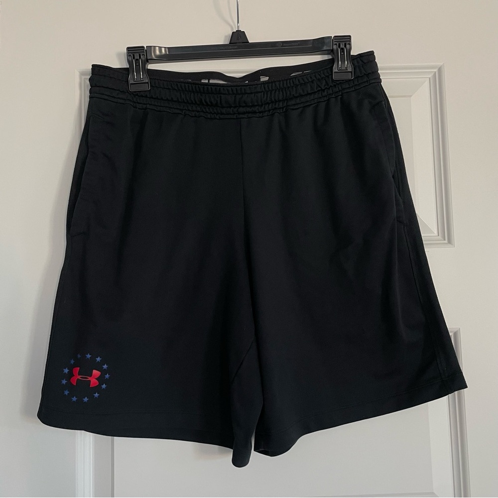 Under Armour Black Athletic Shorts with Red & Blue Logo Fitted Heat Gear